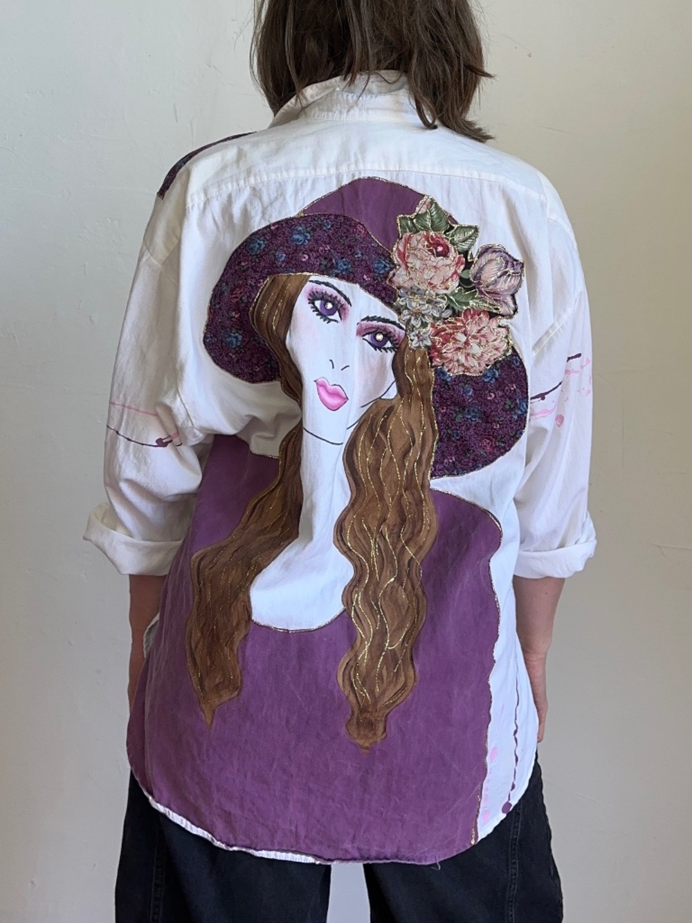 Rare Julie A of California Painted Woman Button Down 1980s Patchwork